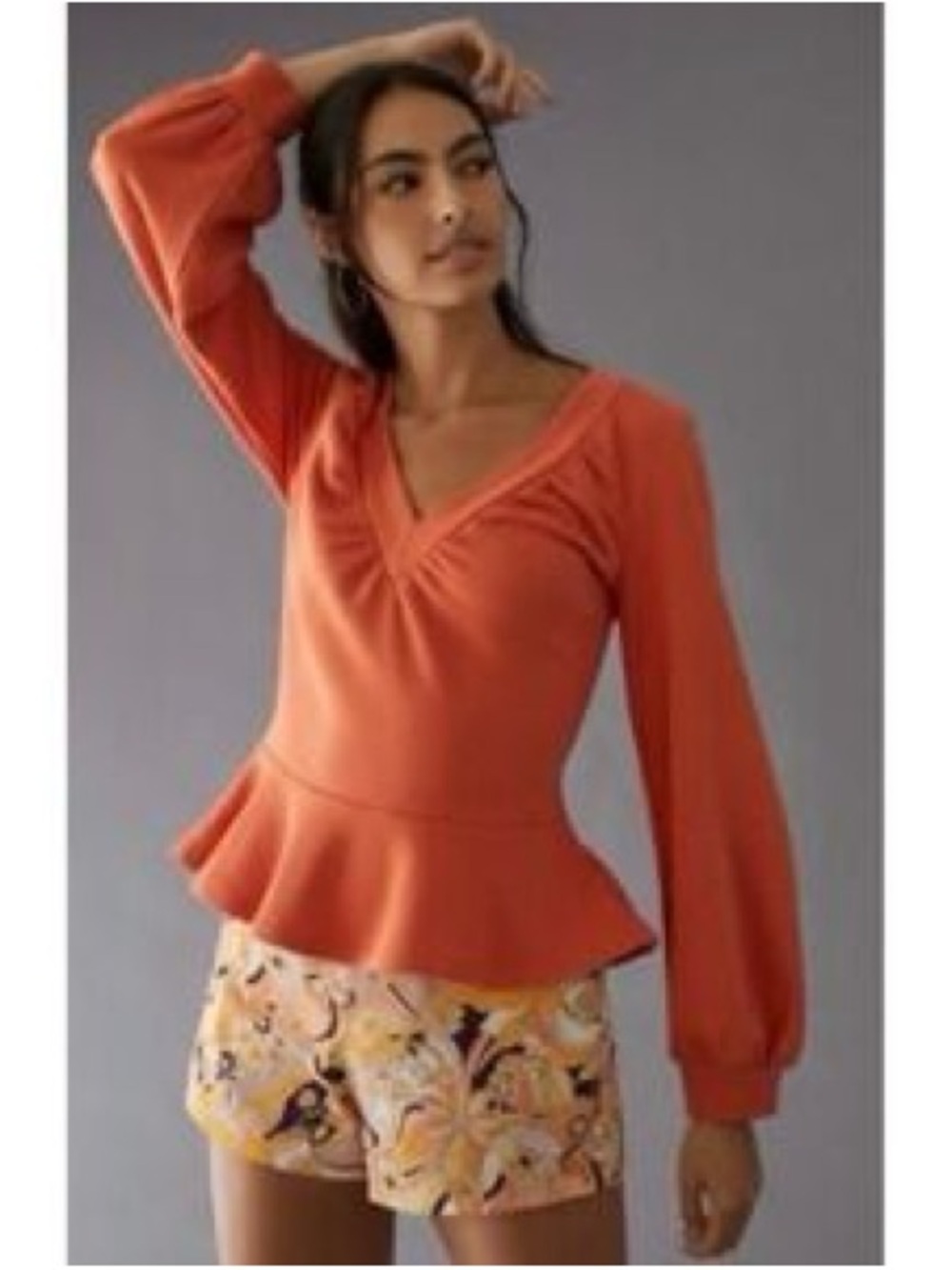Maeve V-Neck Ruched Peplum Sweatshirt Coral Orange Size Small Anthropologie